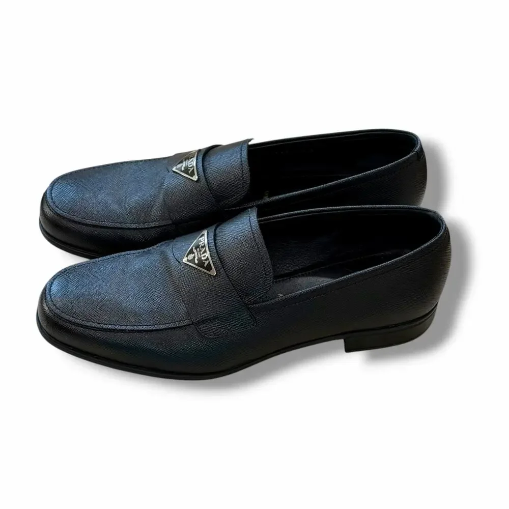 Prada Black Saffiano Leather Loafers Logo Unisex Men Size 6 - Women Size 9.5